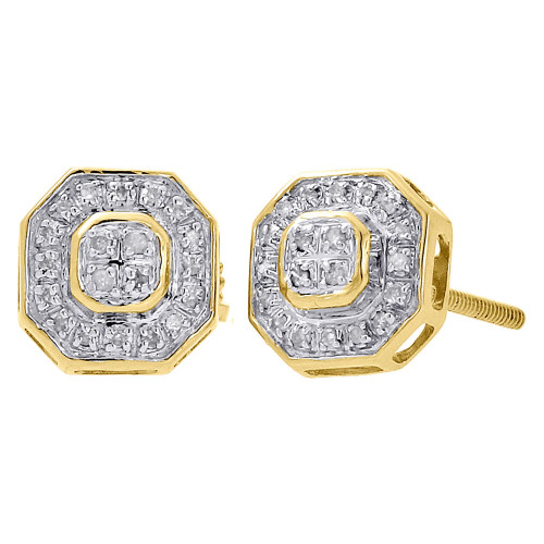 10K Yellow Gold Mens Ladies Diamond Octagon Shape Stud 8mm Pave Earrings 0.15 Ct