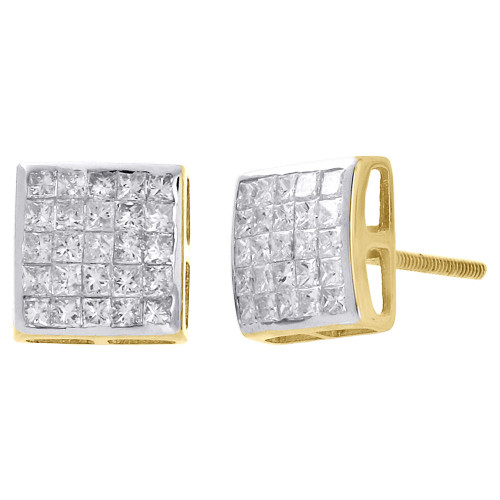 14K Yellow Gold Princess Cut Diamond 8.5mm Domed Square Stud Earrings 1 Ct.