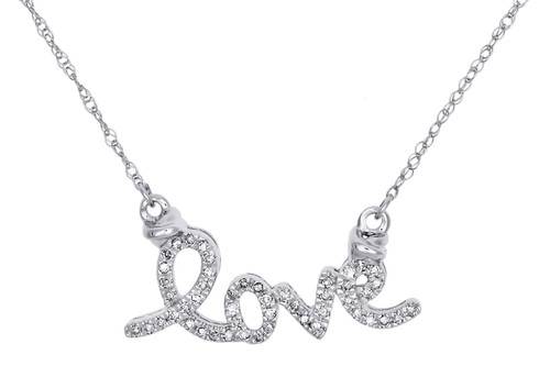 10K White Gold Round Diamond Love Script Necklace Statement Chain 19" 1/8 Ct.