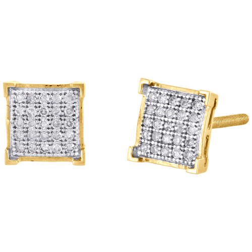 10K Yellow Gold Genuine Diamond Square 4 Prong Studs 7mm Pave Earrings 1/6 CT.