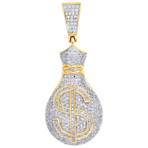 ciondolo con simbolo del dollaro, sacchetto per soldi, in oro giallo 10 kt con diamanti genuini, ciondolo da 1,5 pollici, 1 ct.
