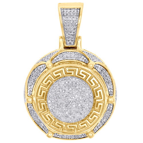 10 k gult guld diamant skiktad grekisk nyckelcirkel hänge 1,45" pave charm 3/4 ct.