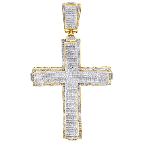 10K Yellow Gold Diamond Stacked Double Cross Large Pendant 4" Pave Charm 2.5 CT.