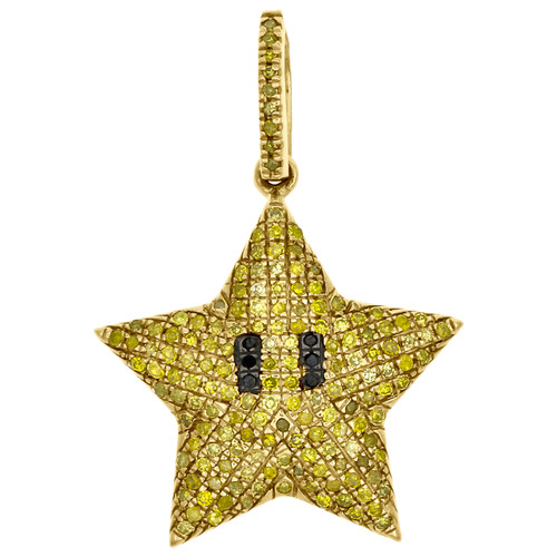 10K Yellow Gold Yellow Diamond Puff Dome Mini Star Pendant 1" Charm 0.41 CT.