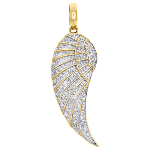 10K Yellow Gold Real Diamond Angel Wing Feather Pendnat 1.85" Pave Charm 5/8 CT.