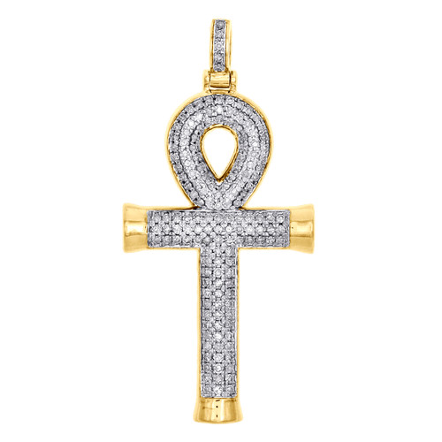 10K Yellow Gold Genuine Diamond Egyptian Ankh Cross Pendant 1.90" Charm 7/8 CT.