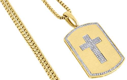 10K Yellow Gold Genuine Diamond Cross Centered Dog Tag Charm Pendant 0.35 Ct.