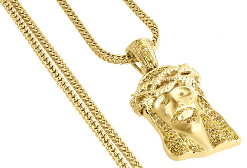 Yellow Diamond Teardrop Jesus Face Pendant Mens Gold Charm med Franco Chain 1 Ct.