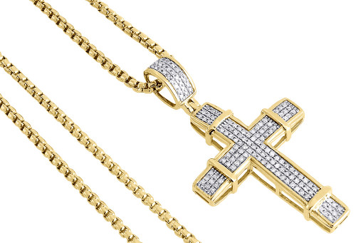 Diamond Cross Pendant Yellow Gold Mens Pave Charm 0.43 Ct. & Round Box Chain Set