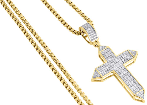 Diamond Cross Pendant Yellow Gold Mens Pave Charm 0.42 Ct. & Round Box Chain Set