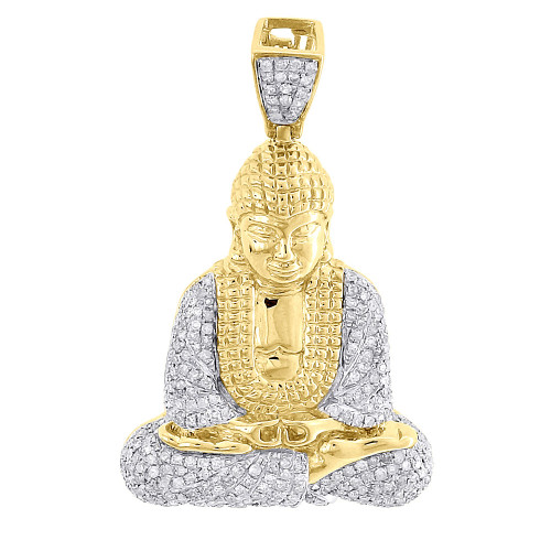 Diamond Meditation Buddha Pendant Mens 10K Yellow Gold Round Pave Charm 1 Tcw.