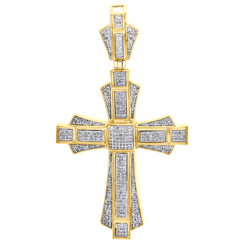 10K Yellow Gold Diamond Latin Cross Pendant Domed 3" Long Charm 1 CT.