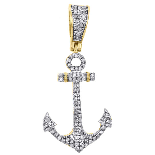 10K Yellow Gold Real Diamond Ship Anchor Statement Pendant 1.45" Charm 0.36 CT.