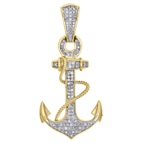 10K Yellow Gold Diamond Ship Anchor Sailor Rope Pendant 1.65" Pave Charm 0.31 CT