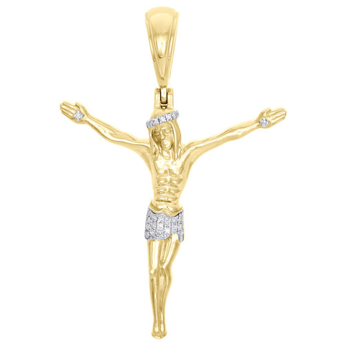 10K Yellow Gold Diamond Jeus Full Body Crucifix Style Pendant 1.7" Charm 1/20 CT