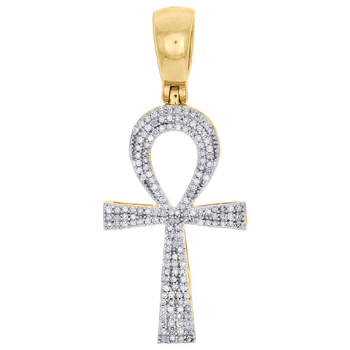 10K Yellow Gold Diamond Ankh Cross Pendant Pave Set 1.70" Designer Charm 1/2 CT.