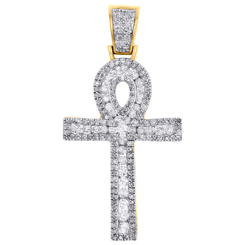 10K Yellow Gold Channel Set Diamond Ankh Cross Pendant Satement 1.60" Charm 1 CT