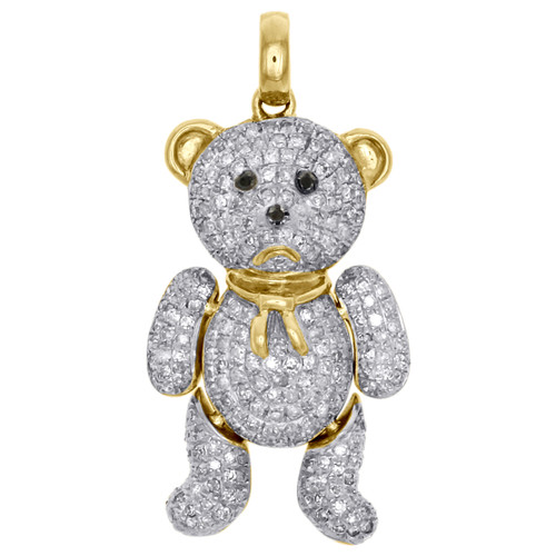 10K Yellow Gold Diamond Teddy Bear Statement Pendant Pave Charm 1.25" | 0.99 CT.