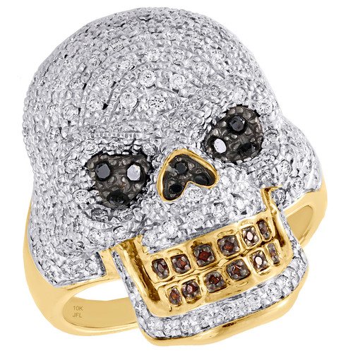 ring aus 10-karätigem Gelbgold mit sprechendem Totenkopf und Diamant am kleinen Finger, 29 mm, ausgefallenes Band, 1,91 ct.