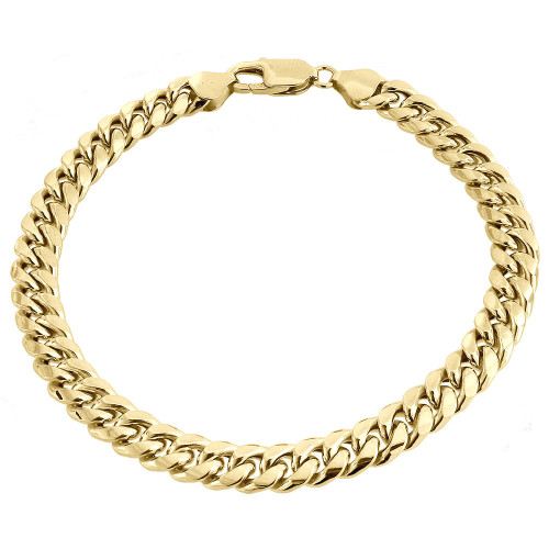 bracelet cubain Miami en or jaune 10 carats fait à la main pour homme à maillons creux 7,5 mm 8" et 9"