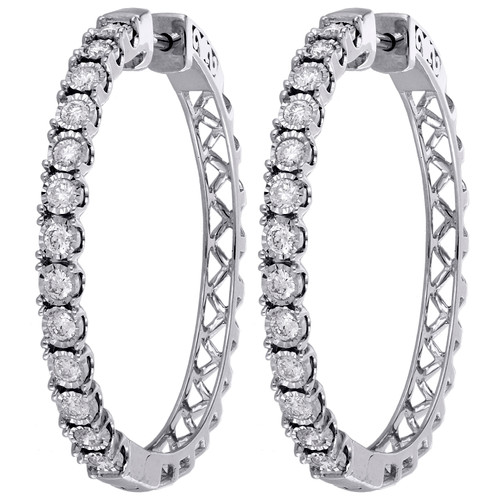 10K White Gold Real Diamond One Row Bezel Set 1.35" Hoops Huggie Earrings 1 CT.