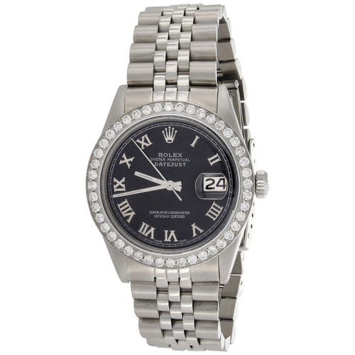 Rolex 36 mm datejust 1601 montre jubilé pour homme avec chiffres romains noirs et diamant 1,90 ct.