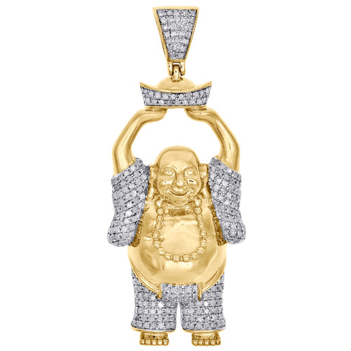 10K Yellow Gold Mens Genuine Diamond Laughing Buddha Pendant 1.90" Charm 1 CT.