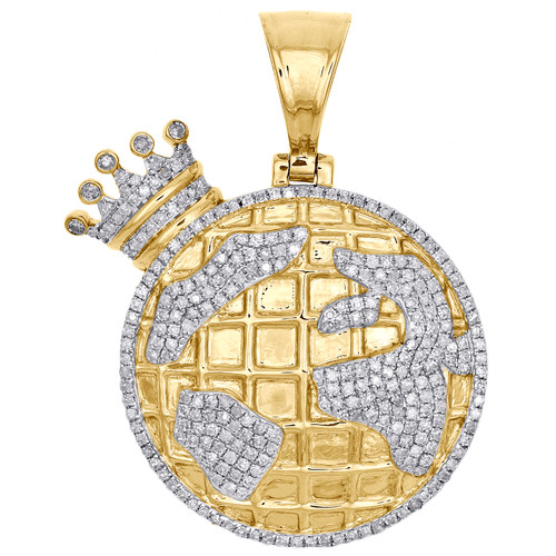 10K Yellow Gold Mens Diamond Crown World Map Crown Pendant 1.50" Charm 0.75 CT.