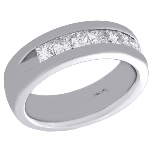 14K White Gold Princess Diamond Mens Wedding Band 1 Row Engagement Ring 1.5 Ct.