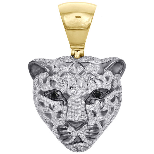 10K Yellow Gold Mens Real Diamond & Enamel Cheetah Face Pendant 2" Charm 1.71 CT