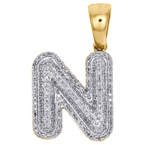 10K Yellow Gold Diamond Initial N Pendant 1.20" Mini Bubble Letter Charm 1/2 CT.