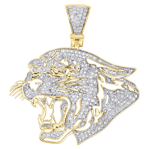 10K Yellow Gold Diamond Black Panther Head Cat Pendant 1.75" Pave Charm 1.15 CT.