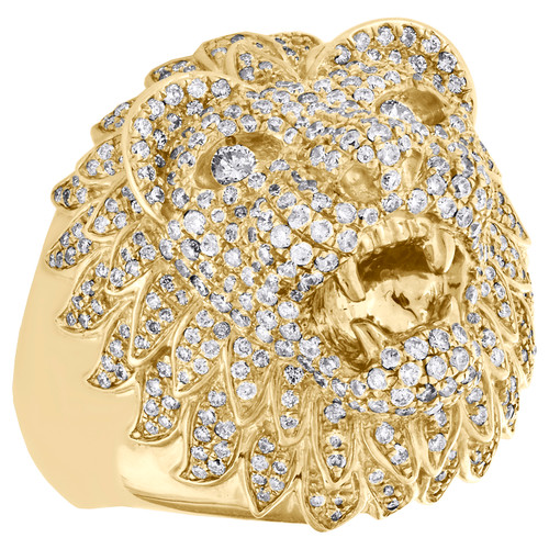 anillo meñique llamativo con diamantes en 3D con cara de león para hombre en oro amarillo de 14 k, banda de 27 mm, 2,75 ct