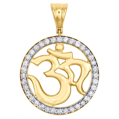 10K Yellow Gold Genuine Diamond Hindu OM Symbol Pendant 1.40" Pave Charm 1 CT.