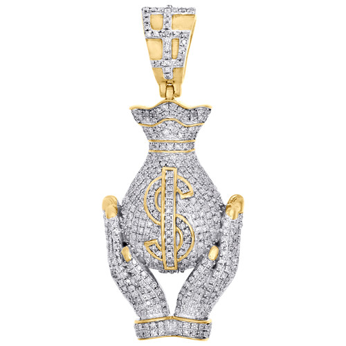 10K Yellow Gold Hands Holding Money Bag Diamond Pave Pendant 1.95" Charm 1.33 CT