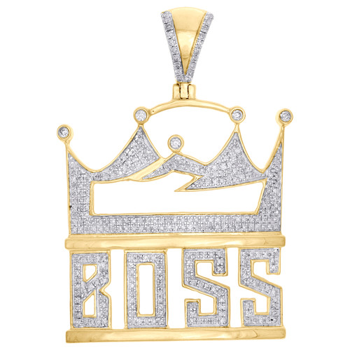 Mens 10K Yellow Gold King Crown Hat BOSS Diamond Pave Pendant 2" Charm 1 CT.