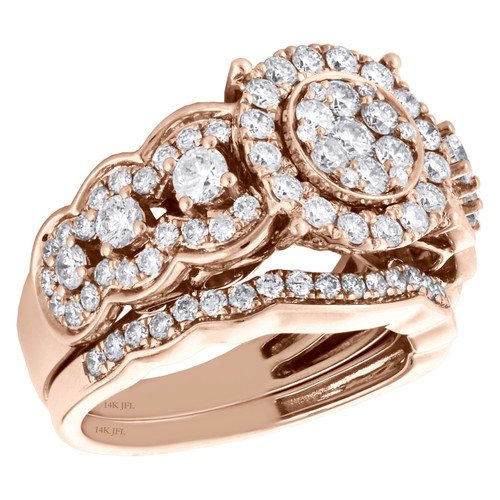 14K Rose Gold Diamond Flower Engagement Ring + Wedding Band Bridal Set 2 CT.