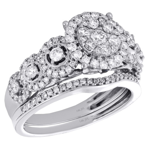 14K White Gold Solitaire Diamond Flower Engagement + Wedding Bridal Set 1 CT.