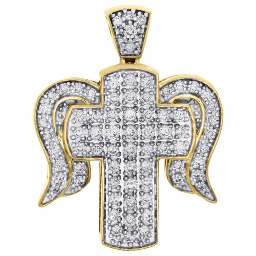 pendentif croix et ailes d'ange en or jaune 10 carats, breloque pavé de 1,05 pouces, 0,70 ct.