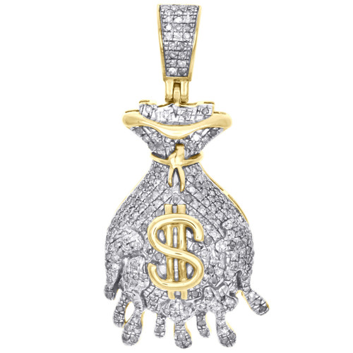 10K Yellow Gold Mens Real Diamond Money Bag Drip Pendant 1.5" Pave Charm 0.83 CT