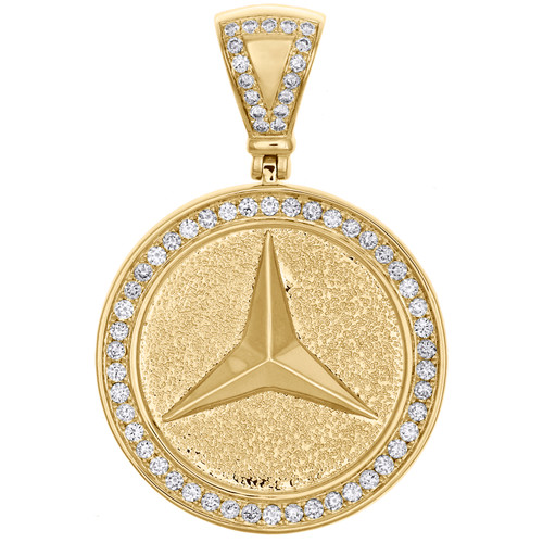 10K Yellow Gold Mens Real Diamond Mercedes Medallion Pendant 1.85" Charm 1.24 CT