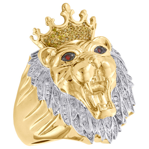 10K Yellow Gold Mens Diamond Lion Crown King Pinky Ring 33mm Pave Band 0.45 CT.