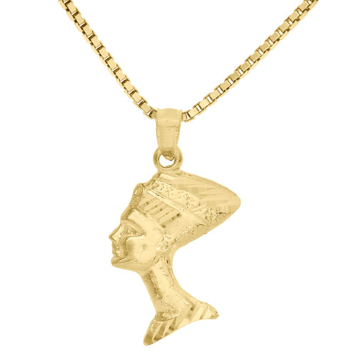 10K Yellow Gold Nefertiti Egyptian Queen Pendant 1.05” Charm & 18" Box Chain