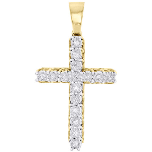 10K Yellow Gold Real Diamond 1 Row Cross Pendant Prong Set 1.75" Charm 1/2 CT.