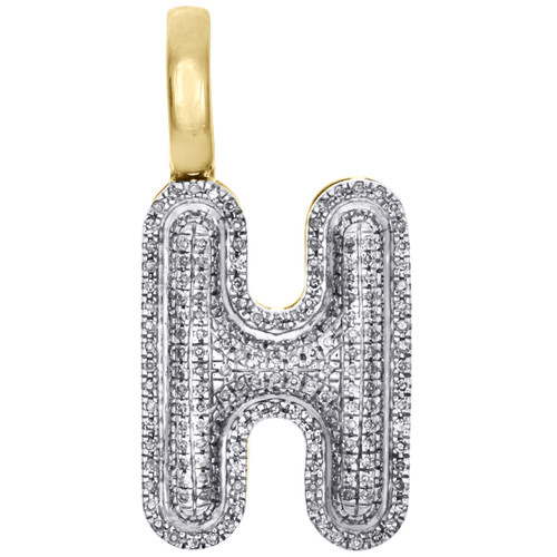10K Yellow Gold Roumd Diamond H Initial Bubble Pendant Pave Dome Charm 0.38 CT.