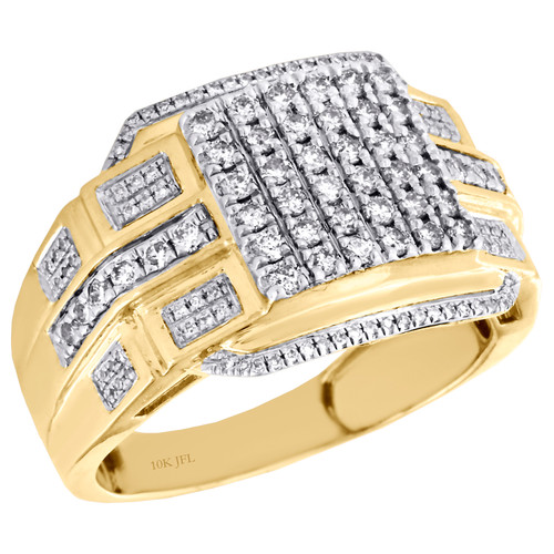 10K Yellow Gold Mens Diamond Square Dome Pinky Ring Pave Step Design 0.94 CT.