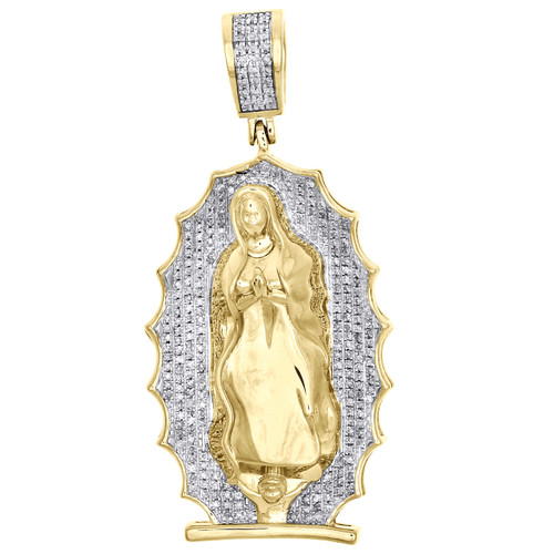 pendentif miraculeux en diamant de la Vierge Marie en or jaune 10 carats, breloque pavé de 1,85 pouces, 0,42 ct