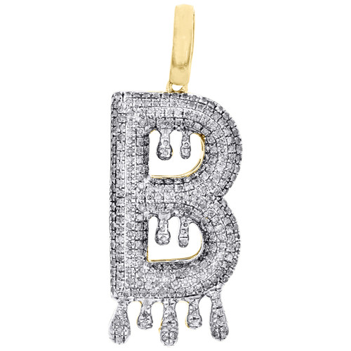 10K Yellow Gold Diamond B Initial Bubble Drip Pendant Pave Dome Charm 0.57 CT.