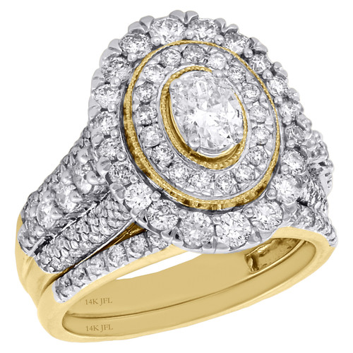 anello di fidanzamento ovale con diamante solitario rotondo in oro giallo 14k + set da sposa da 2 ct