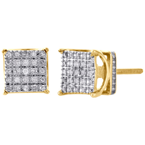 10K Yellow Gold Round Diamond Basket Small 4 Prong Square Stud Earrings 0.15 CT.